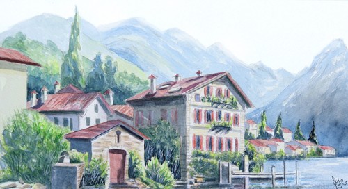 Original aquarell häuser am - original, aquarell,