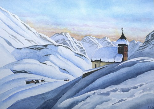 Aquarell bergkirchli arosa - aquarell, arosa"